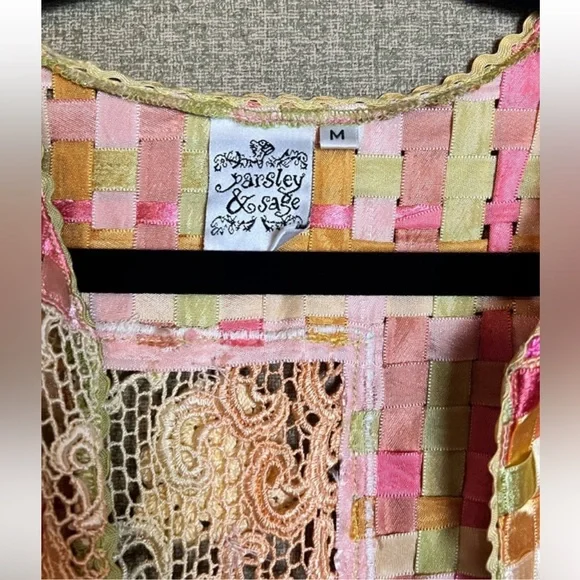 Parsley And Sage Women's Sweater Crochet Ribbon Open Front pink yellow green - Picture 2 of 9